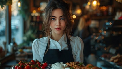 A young woman with dark hair elegantly presents an array of fresh foods in a cozy café, showcasing culinary delights and a warm atmosphere.