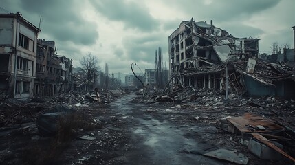 A desolate urban landscape showcasing destruction and decay, evoking themes of abandonment and loss.