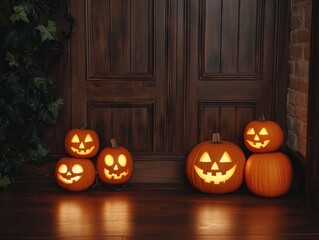 Obraz premium Festive Decor with Pumpkins and Illuminated Jack o Lanterns on Hardwood Surface