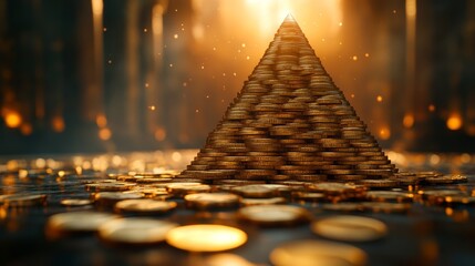 Obraz premium A pyramid of coins surrounded by scattered coins, illuminated by a warm glow.