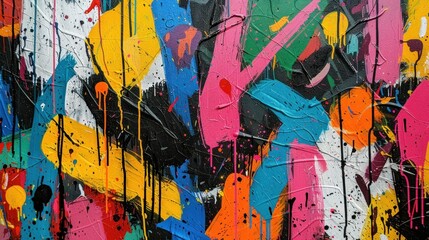 Fototapeta premium Abstract colorful splash painting with vibrant paint drips and splatters Background features a dynamic mix of bold colors, creating an energetic visual concept full of creativity