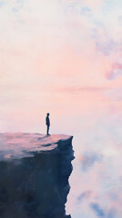 A man stands on a cliff overlooking a body of water