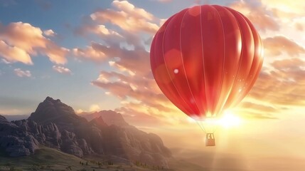 Red hot air balloon soaring over scenic mountain landscape at sunrise.Concept of Makar sankranti