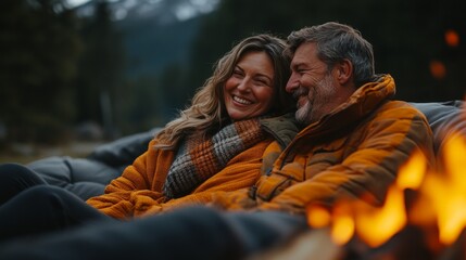 Fototapeta premium couple cuddling on a sofa watching a campfire, laughing together