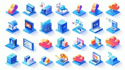 A collection of isometric icons representing technology and digital services. - Powered by Adobe