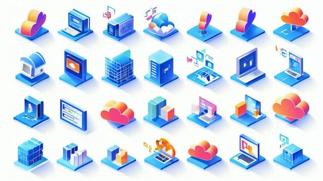 A collection of isometric icons representing technology and digital services.