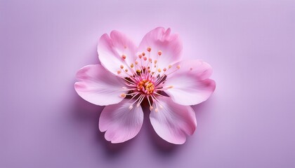 Obraz premium Close-up of Delicate Cherry Pink Flower Blossom with Soft Petals and Vibrant Stamens Against a Pastel Purple Background