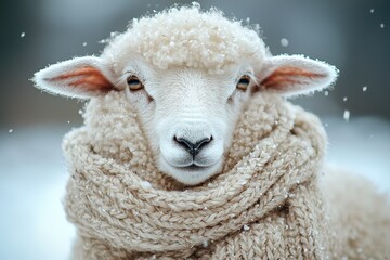 A fluffy sheep stands in a snowy environment, wearing a warm knitted scarf. The animal’s expressive eyes and soft fleece are complemented by falling snowflakes, creating a charming winter atmosphere