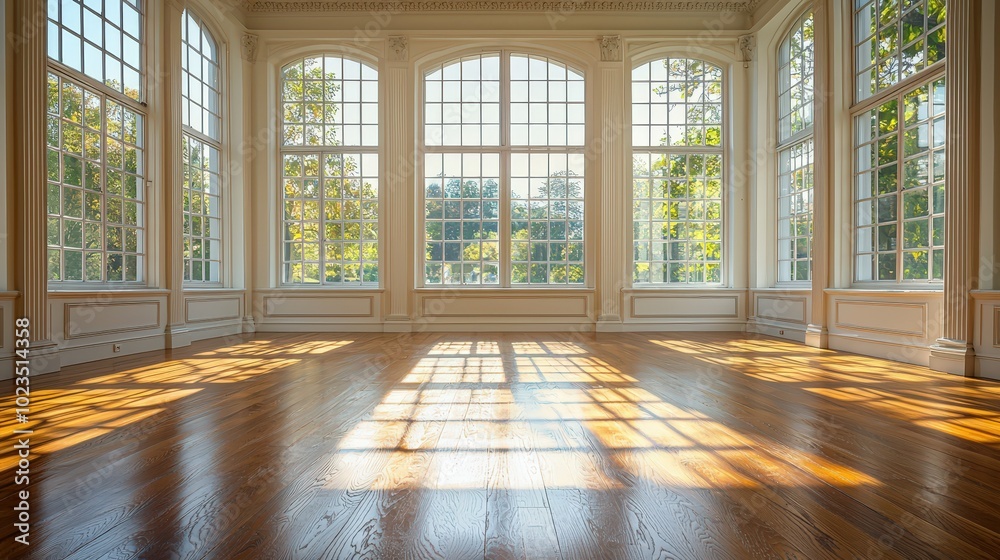 Aufkleber sunlight streams through expansive windows, illuminating a wide wooden floor while casting intricate