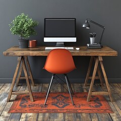 Modern Home Office Desk with Wooden Trestle Legs and Orange Chair