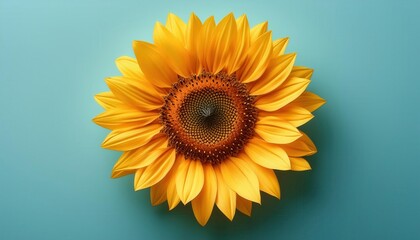 Obraz premium Vibrant Close-Up of a Sunflower in Full Bloom Against a Bright Cyan Background Highlighting Its Rich Petals and Geometric Center Pattern