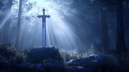 Naklejka premium A mystical sword stands amidst a foggy forest, illuminated by soft rays of light.
