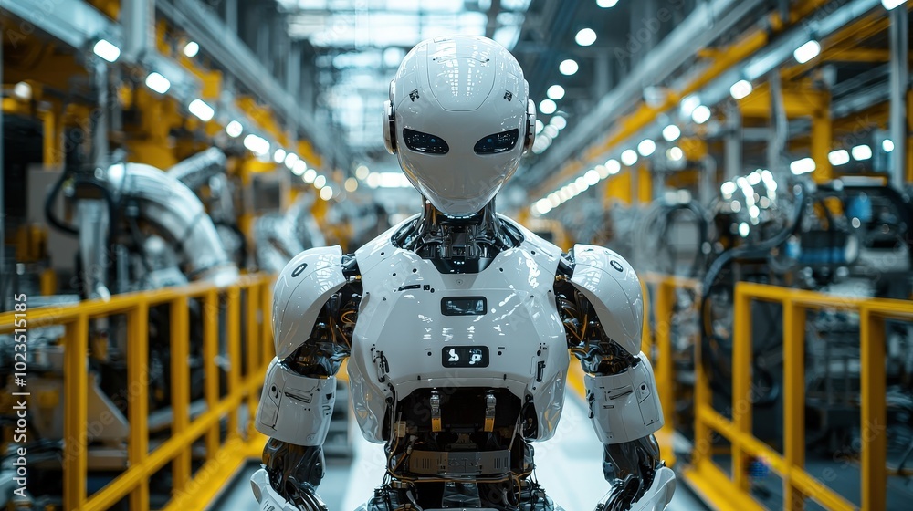 Aufkleber The humanoid robot displays intricate design details while positioned prominently in an advanced manufacturing facility filled with high-tech machinery and structures