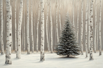 a lone decorated Christmas Tree among silver birch forest, snow on ground,