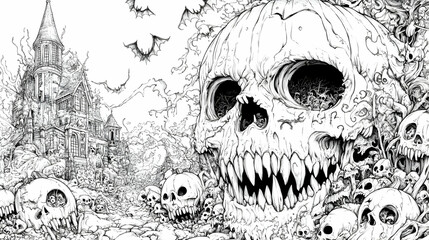 Spooky Illustration of a Haunted House with Skulls and Bats