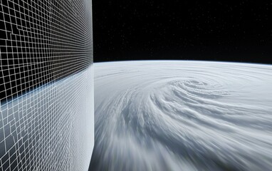 A breathtaking view of a swirling storm from space with a grid overlay captured in Earth's atmosphere