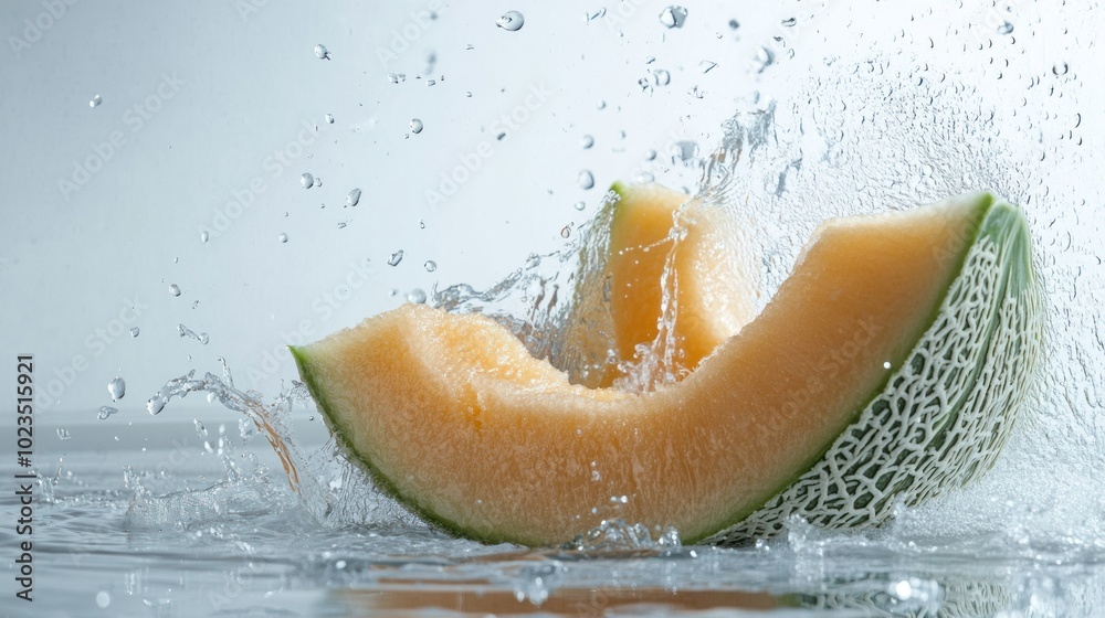 Poster Melon Slice Splashing in Water with Droplets