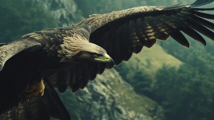 Fototapeta premium Eagle soaring, close-up of eagle wings in motion.