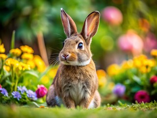 Fototapeta premium Adorable Female Rabbit in Natural Habitat: Cute and Playful Bunny Posing in a Garden Setting for Stock Photography