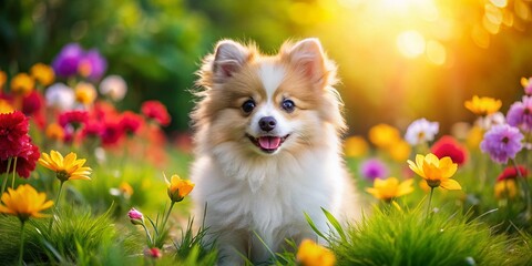 Adorable Foxface Pomeranian Puppy Playing in a Sunny Garden with Colorful Flowers and Bright Green Grass