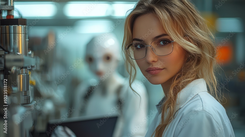 Poster a scientist in a lab coat works with equipment while an unusual humanoid figure watches her closely.