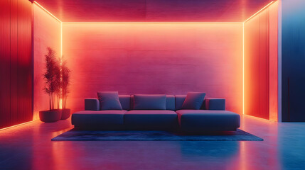 Neon Light Living Room Interior Design 3D Illustration