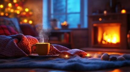A steaming cup of coffee or tea, placed on a fuzzy blanket in front of a cozy fireplace