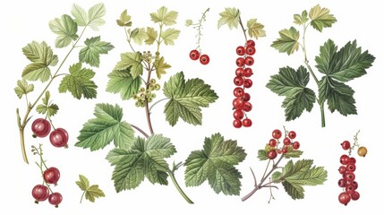 Lush Red Currant Botanical Illustration Vibrant Fruit Flowers and Leaves for Gardening Inspiration