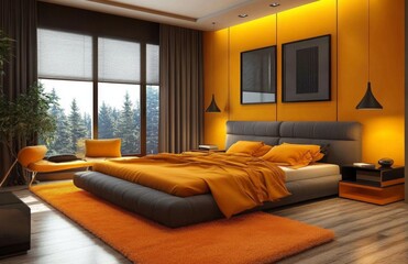 Fototapeta premium Modern Bedroom Interior with Yellow and Orange Accessories for Cozy Living