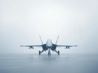 Fototapeta premium A military jet stands poised on a foggy runway, showcasing its sleek design and readiness for takeoff.