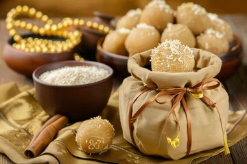 Fototapeta premium Rustic harvest celebration with traditional bread and rice decoration.Concept of Makar sankranti