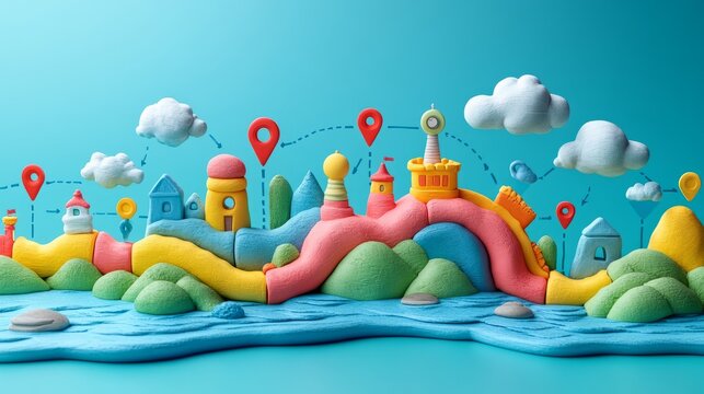 Colorful landscape made of playdough featuring whimsical buildings and natural elements.