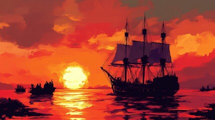 Obraz premium Silhouetted ships on a fiery sunset.