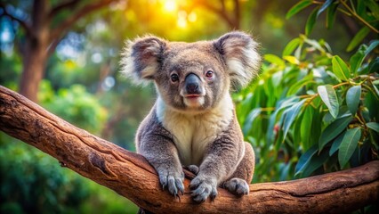 Fototapeta premium Adorable Koala Bear Sitting on a Tree Branch in Natural Habitat, Captivating Wildlife Photography for Nature Lovers