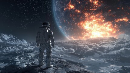 Obraz premium An astronaut in a space suit gazes out from the lunar surface, watching a fiery planet exploding in the vastness of space under a starry sky