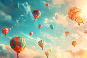 Fototapeta premium Vibrant hot air balloons soar through a sunny sky with colorful clouds.Concept of Makar sankranti