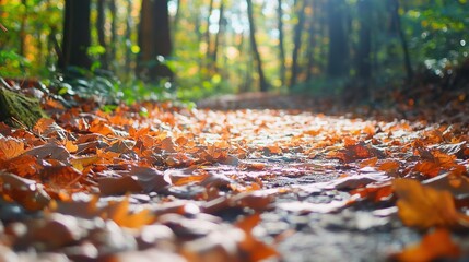Forest trail, close-up of fallen leaves on a path.