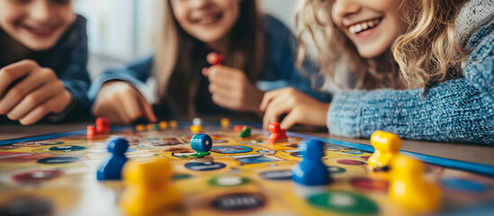 Three girls are playing a board game with colorful pieces