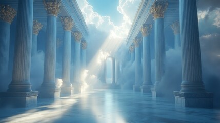 A grand temple floating in the clouds, surrounded by towering marble columns