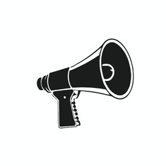A black and white illustration of a megaphone or bullhorn with a sun-like symbol on the speaker 