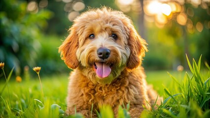 Fototapeta premium Adorable Mini Apricot Goldendoodle Playing in the Grass - Perfect Companion for Families and Pet Lovers Everywhere