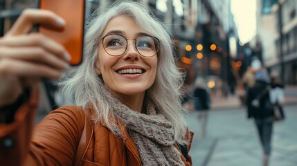 Fototapeta premium Radiant silver-haired woman with glasses smiles joyfully while taking a selfie on a bustling city street, exuding confidence and style in her autumn attire.