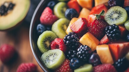 Obraz premium Fresh fruit bowl, close-up of colorful fruits neatly arranged, vibrant kitchen setting