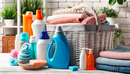 Laundry Supplies Basket for Clothes Cleaning. Concept  Laundry detergent, fabric softener, stain remover, laundry baskets