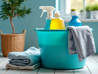 Laundry Supplies Basket for Clothes Cleaning. Concept  Laundry detergent, fabric softener, stain remover, laundry baskets