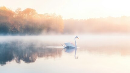 Fototapeta premium A swan swims on a misty lake at sunrise.