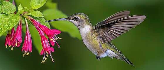 Fototapeta premium A hummingbird in flight, hovering near pink flowers with green leaves.