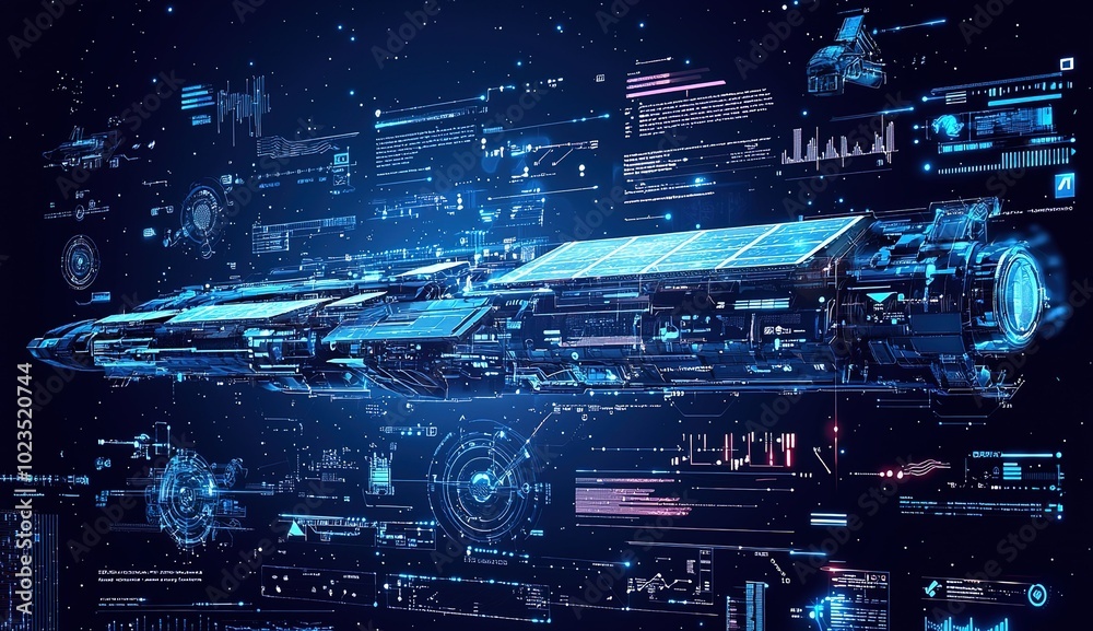 Poster futuristic spaceship exploring deep space with digital interface and data displays in a starry backd