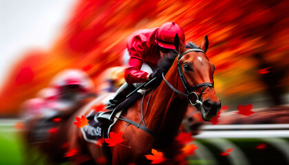 Jockey in red races towards victory, autumn leaves blurring behind, capturing fierce speed and determination of Melbourne premier horse racing events