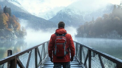 A hiker in a red jacket stands on a wooden bridge overlooking a misty lake and mountains.